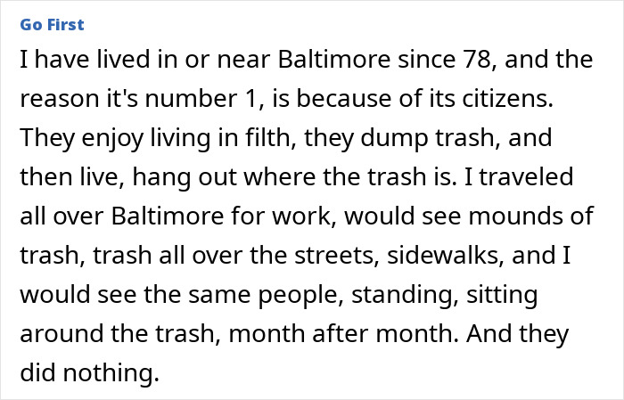 Text describing opinions on Baltimore's waste problem related to America's dirtiest cities. Text describing opinions on Baltimore's waste problem related to America's dirtiest cities.