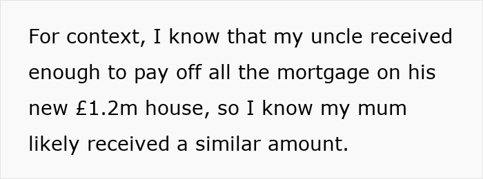 Text discussing a relative receiving inheritance, aiding in paying off a £1.2m house mortgage. Text discussing a relative receiving inheritance, aiding in paying off a £1.2m house mortgage.