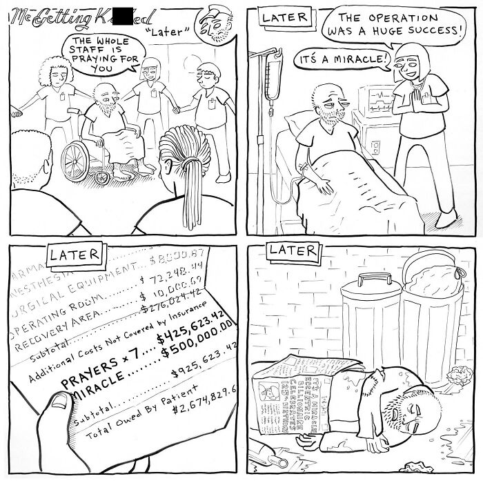 Comic by Mark Brinker depicting life surprising in the worst way with hospital scenes and unexpected outcomes.