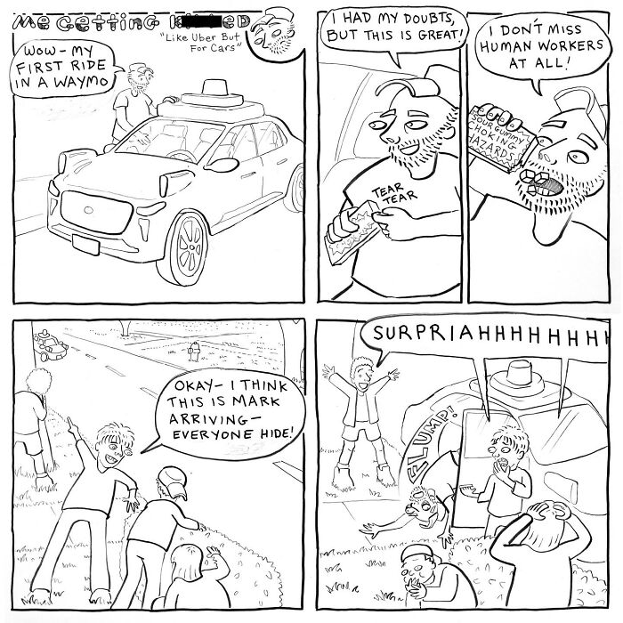 Comic panels by Mark Brinker showing an unexpected and humorous twist in a self-driving car ride experience.