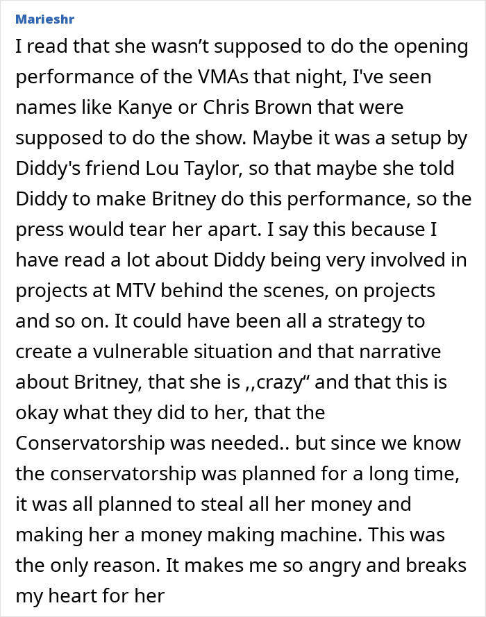 User comment discussing Britney Spears’ wild party with Diddy mentioned during a legal trial context. User comment discussing Britney Spears’ wild party with Diddy mentioned during a legal trial context.