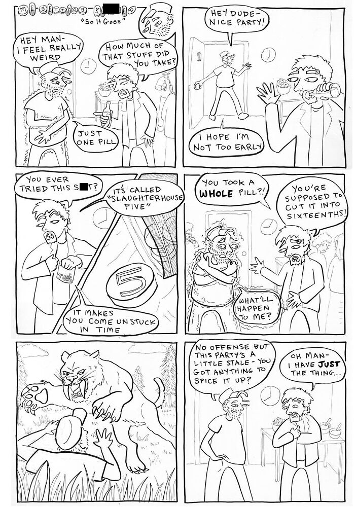 Black and white comic by Mark Brinker depicting a surreal party scene showing how life can surprise you unexpectedly.