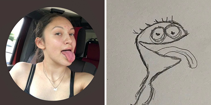 Profile pic makeover: woman sticking out tongue with a humorous sketch drawing mimicking the pose.