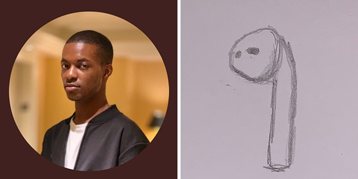 Profile pic makeover: a serious photo of a man paired with a humorous, simplistic sketch resembling an earbud.