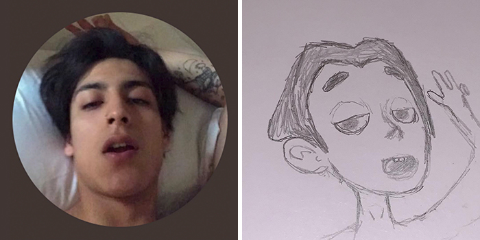 Funny profile pic makeover with a cartoon-style drawing, transforming an original photo into a humorous illustration.