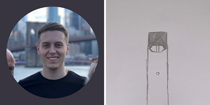 Profile pic makeover with a humorous drawing transformation, featuring a simple sketch on the right.