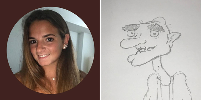 Woman's profile pic with hilarious drawing makeover, featuring exaggerated facial features and cartoonish style.