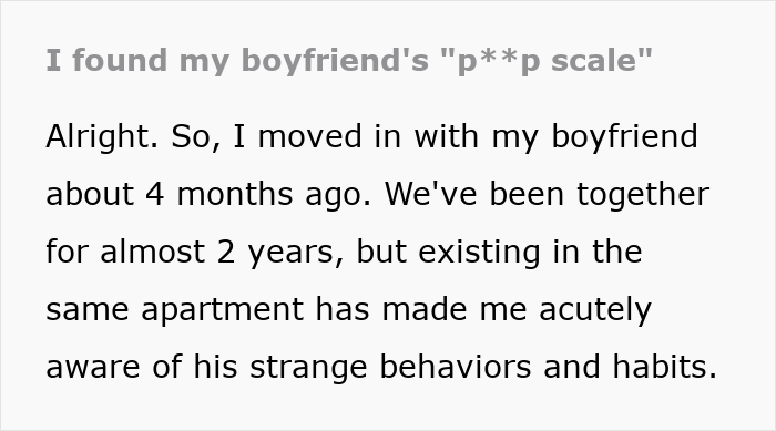 Text post about discovering boyfriend’s secret scale for measuring number twos, causing relationship reconsideration. Text post about discovering boyfriend’s secret scale for measuring number twos, causing relationship reconsideration.