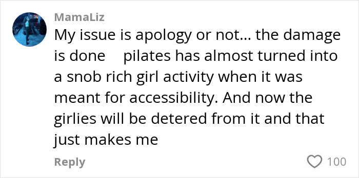 Comment discussing how Pilates is perceived as exclusive and its impact on accessibility for heavier people over 200 lbs. Comment discussing how Pilates is perceived as exclusive and its impact on accessibility for heavier people over 200 lbs.
