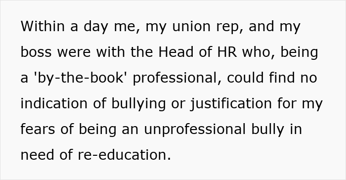 Text excerpt about HR investigation finding no bullying after boss claims employee is bullying by asking questions. Text excerpt about HR investigation finding no bullying after boss claims employee is bullying by asking questions.