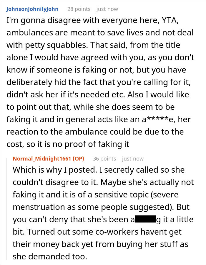 Reddit user discusses ambulance arriving at office to handle a severe case of attention seeking and possible faking symptoms. Reddit user discusses ambulance arriving at office to handle a severe case of attention seeking and possible faking symptoms.
