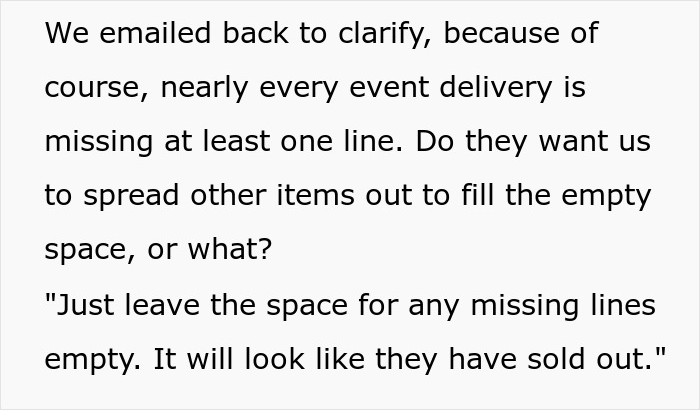 Text excerpt explaining a manager instructed staff not to fill empty shelves, wondering why nothing was sold. Text excerpt explaining a manager instructed staff not to fill empty shelves, wondering why nothing was sold.