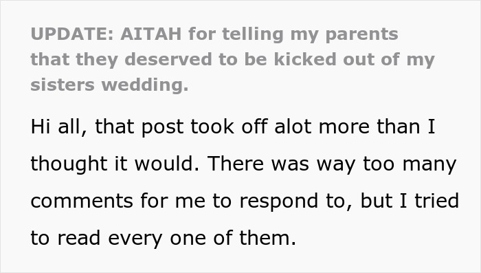 Text post discussing backlash after kicking out couple and bully brother from wedding over invitation refusal. Text post discussing backlash after kicking out couple and bully brother from wedding over invitation refusal.
