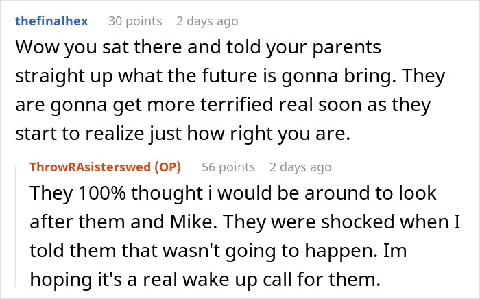 Screenshot of a Reddit conversation about a couple going ballistic after daughter refuses to invite a bully to the wedding. Screenshot of a Reddit conversation about a couple going ballistic after daughter refuses to invite a bully to the wedding.