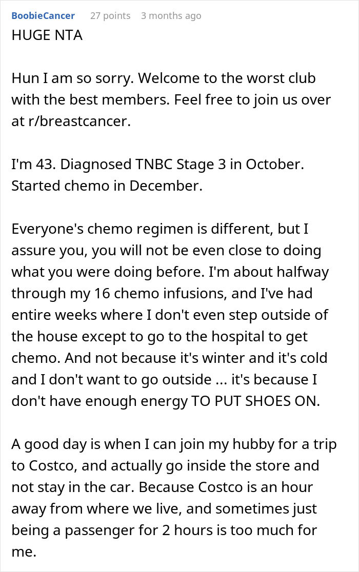 Comment text from a woman with cancer sharing her chemo experiences and challenges with energy and chores. Comment text from a woman with cancer sharing her chemo experiences and challenges with energy and chores.