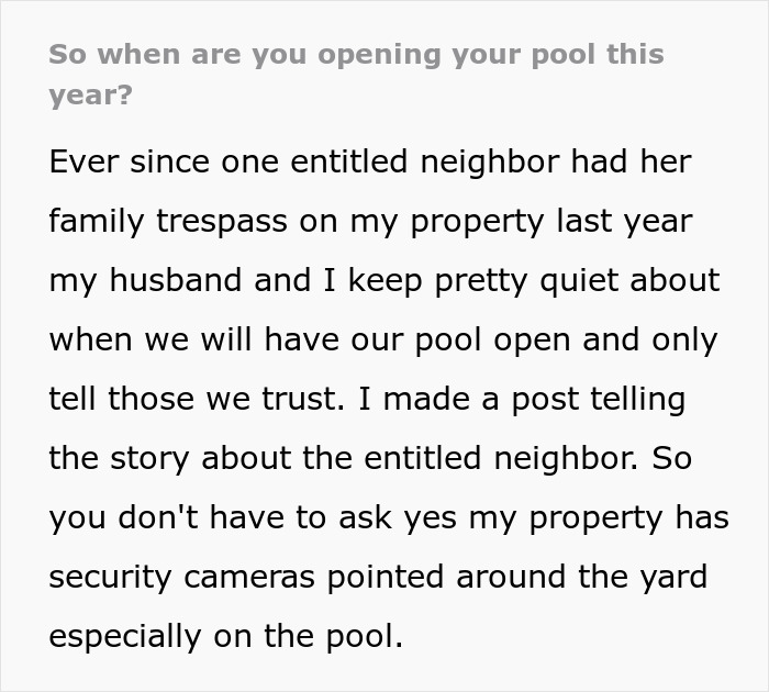 Text about neighbors sending relatives to use a private pool without consent, mentioning security cameras on the property. Text about neighbors sending relatives to use a private pool without consent, mentioning security cameras on the property.