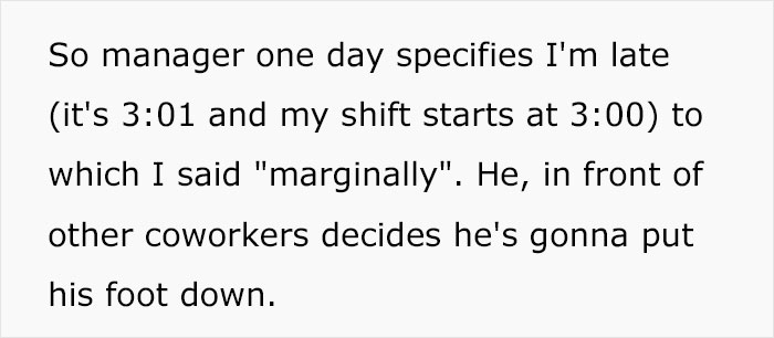 Text excerpt showing a worker explaining being late by one minute as the boss enforces a strict late rule at work. Text excerpt showing a worker explaining being late by one minute as the boss enforces a strict late rule at work.