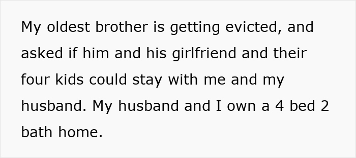Text excerpt about siblings turning on sister after she refuses to turn home into shelter for brother’s family. Text excerpt about siblings turning on sister after she refuses to turn home into shelter for brother’s family.