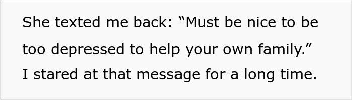Text message on screen showing a conversation about being too depressed to babysit and helping family. Text message on screen showing a conversation about being too depressed to babysit and helping family.