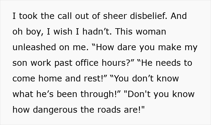 Alt text: Text excerpt showing a mother demanding her 30-year-old son’s boss to let him come home, highlighting helicopter mom behavior. Alt text: Text excerpt showing a mother demanding her 30-year-old son’s boss to let him come home, highlighting helicopter mom behavior.