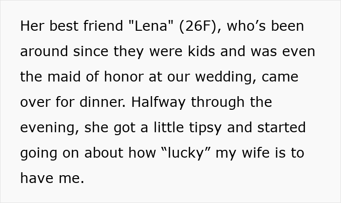 Text excerpt showing a wife’s best friend joking about wanting his baby, leading to the man kicking her out. Text excerpt showing a wife’s best friend joking about wanting his baby, leading to the man kicking her out.