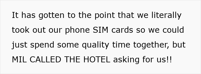 Text excerpt about helicopter mom disrupting couple's honeymoon by calling the hotel, affecting their quality time together. Text excerpt about helicopter mom disrupting couple's honeymoon by calling the hotel, affecting their quality time together.