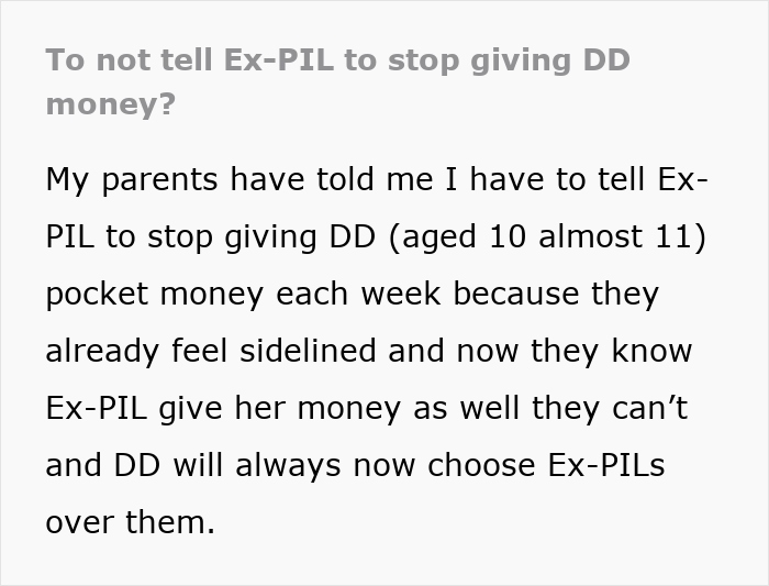 Jealous grandparents upset as ex-in-laws continue giving kid money, unable to match their generosity and gifts. Jealous grandparents upset as ex-in-laws continue giving kid money, unable to match their generosity and gifts.