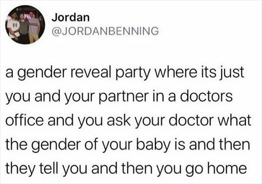 Screenshot of a funny Twitter post from comedians about a simple gender reveal party shared by users.