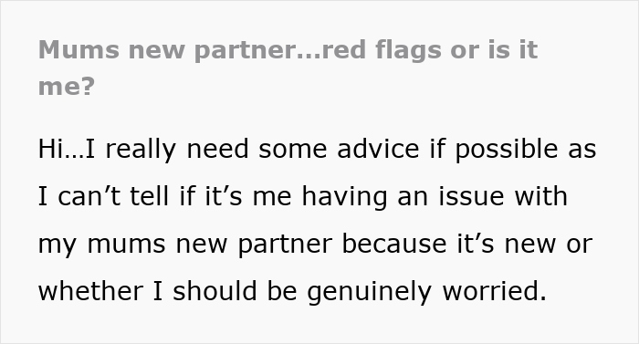 Text message asking for advice about concerns with mum’s new partner raising red flags during first visit.