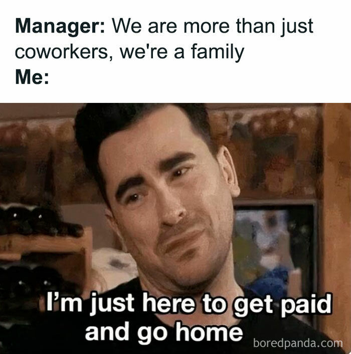 Man making a sarcastic face with work meme text about hospitality employees wanting to just get paid and go home