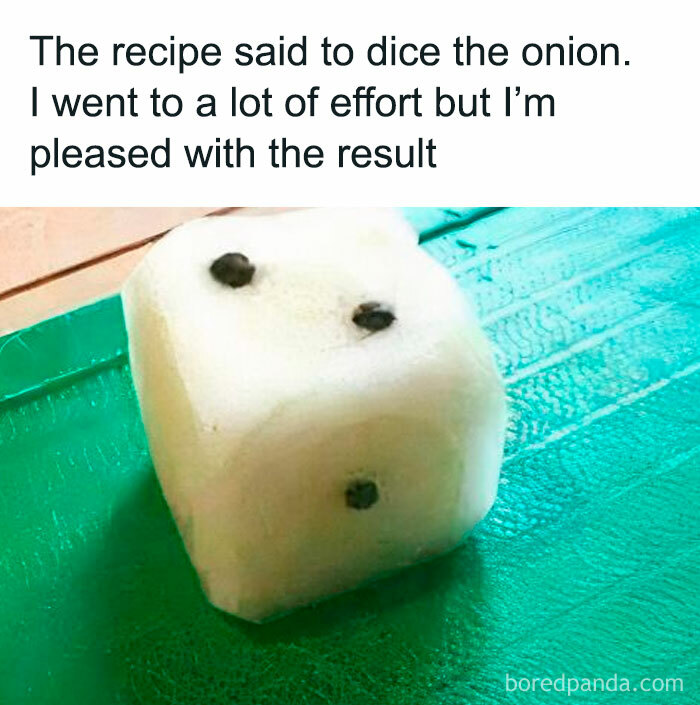A diced onion shaped like a die with text about effort, illustrating relatable hospitality work humor in a meme format.