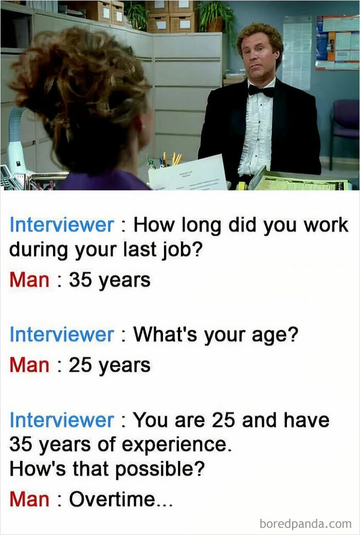 Man in a hospitality job interview humorously claims 35 years experience at age 25, showcasing relatable hospitality memes.