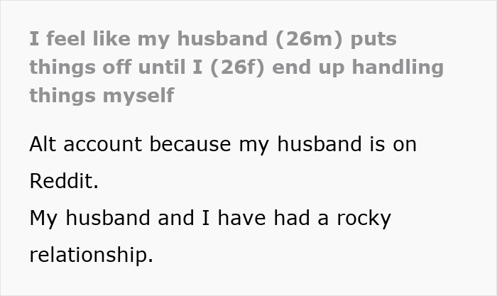 Text post about woman feeling burdened handling tasks as husband delays, relating to relationship struggles and cross-country move. Text post about woman feeling burdened handling tasks as husband delays, relating to relationship struggles and cross-country move.