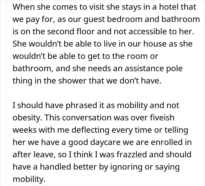 Text excerpt discussing a woman refusing her obese mom to babysit her newborn, addressing mobility and fat shaming issues. Text excerpt discussing a woman refusing her obese mom to babysit her newborn, addressing mobility and fat shaming issues.