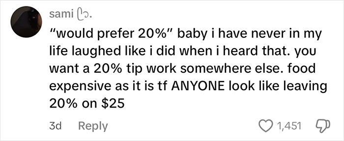 Comment discussing tipping culture with mention of waitress upset after reviewing her tips for the day. Comment discussing tipping culture with mention of waitress upset after reviewing her tips for the day.