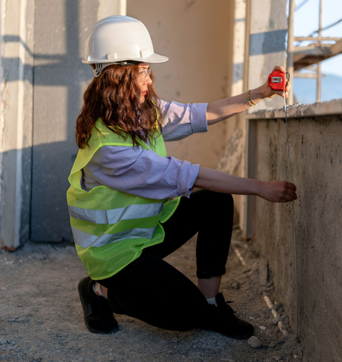 Woman in hard hat and safety vest measuring wall with tape measure at construction site showing people in charge context