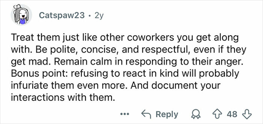 Text message about ways to deal with toxic coworkers by staying polite, calm, and documenting interactions at work.