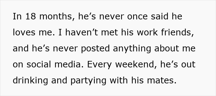 Text describing a troubled relationship where the guy won’t quit bad habits or grow up after 18 months together.