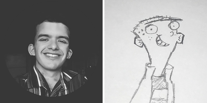 Person's profile pic alongside a humorous makeover drawing by an artist.