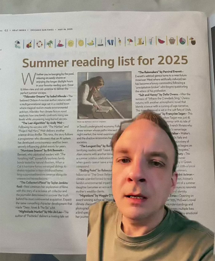 Man holding newspaper open to a 2025 summer reading list in major newspapers with book descriptions visible. Man holding newspaper open to a 2025 summer reading list in major newspapers with book descriptions visible.