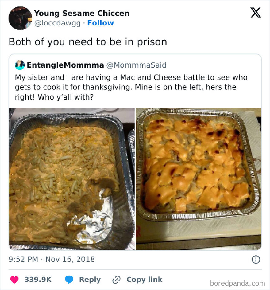 Twitter post showing a comedic mac and cheese battle with a humorous reply from a comedian on the thread.