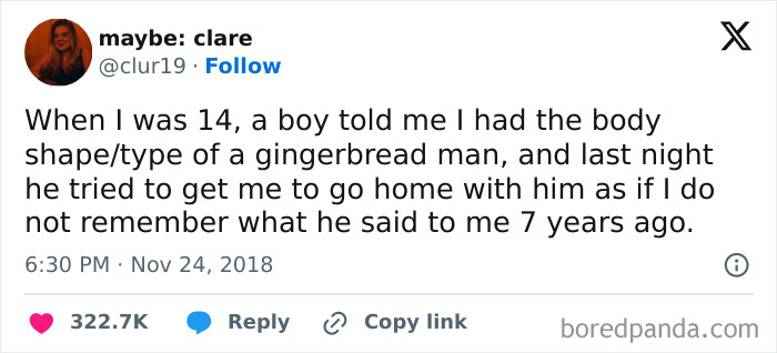 Tweet about a girl recalling a boy comparing her body shape to a gingerbread man from years ago in relatable shower feels posts.