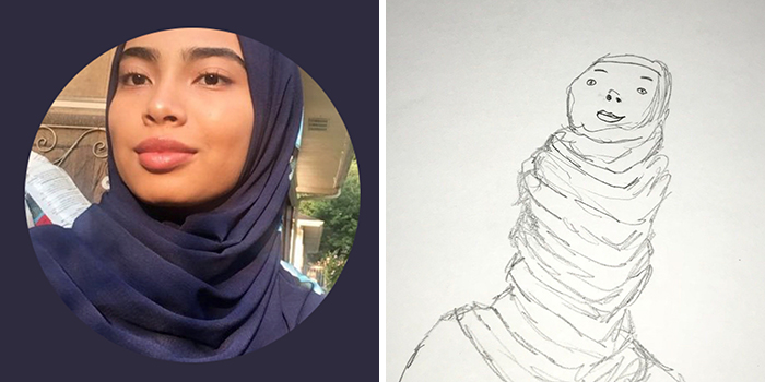 Profile pic and artist's hilarious drawing makeover, woman in hijab.