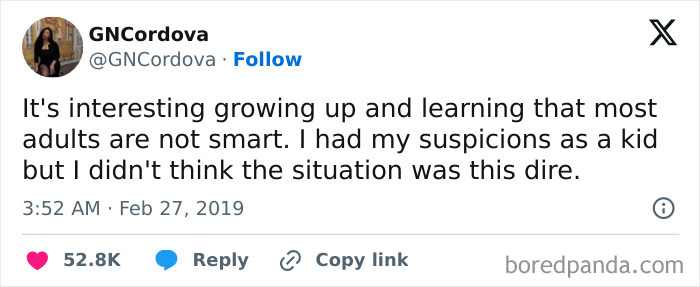 Tweet by Gennette Cordova sharing a funny insight about adults, featured in daily laughs meme collection.
