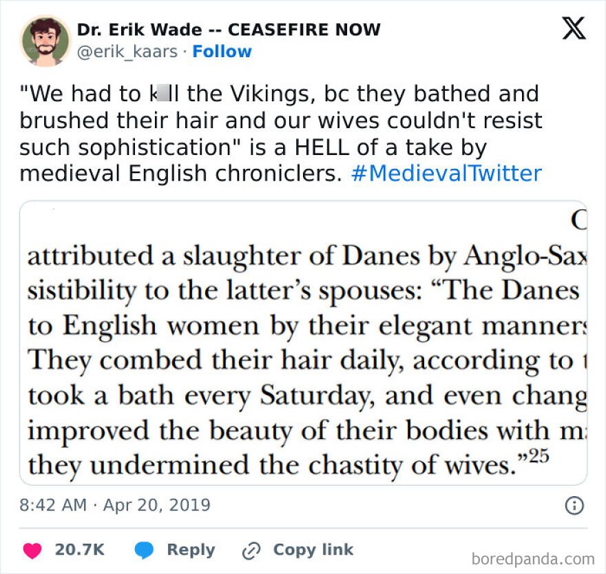 Tweet from a comedian sharing a funny historical take on Vikings and medieval English chroniclers on Twitter.
