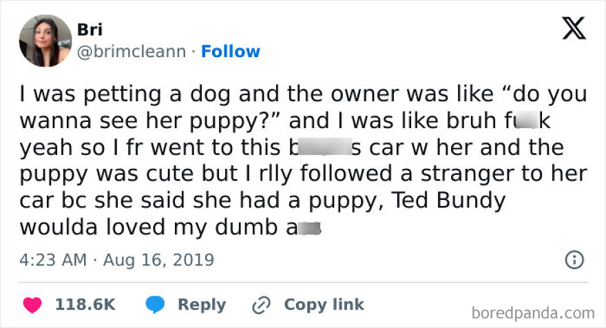 Funny Twitter post from a comedian about following a stranger to see her puppy in a humorous story.