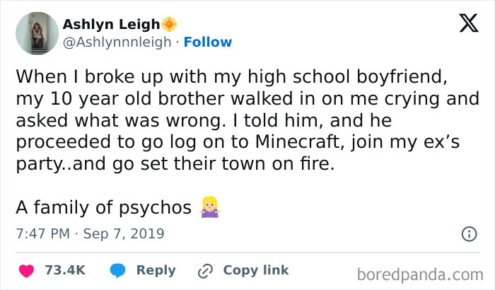 Tweet about breakup support involving Minecraft given by a brother, illustrating relatable shower feels moments.