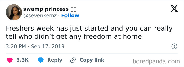 Tweet about freshers week revealing which students lacked freedom at home, highlighting relatable student memes content.