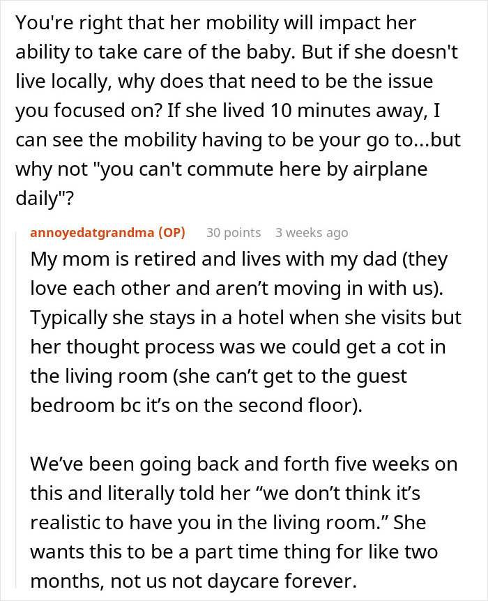 Screenshot of an online discussion about a woman not allowing her obese mom to babysit her newborn, addressing mobility and caregiving concerns. Screenshot of an online discussion about a woman not allowing her obese mom to babysit her newborn, addressing mobility and caregiving concerns.