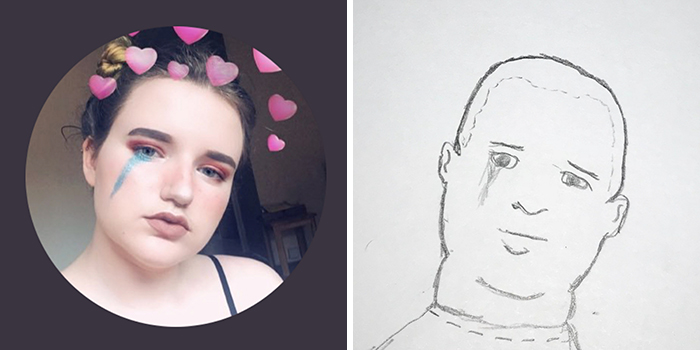 Profile pic makeover with artist's humorous drawing featuring hearts and tear effect on a young person.